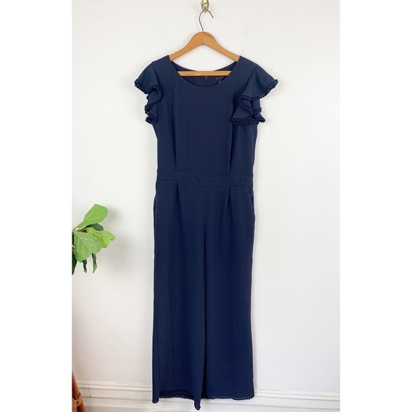 Ann Taylor Navy Blue Ruffle Sleeve Wide Leg Jumpsuit Sz 6 - Picture 1 of 8